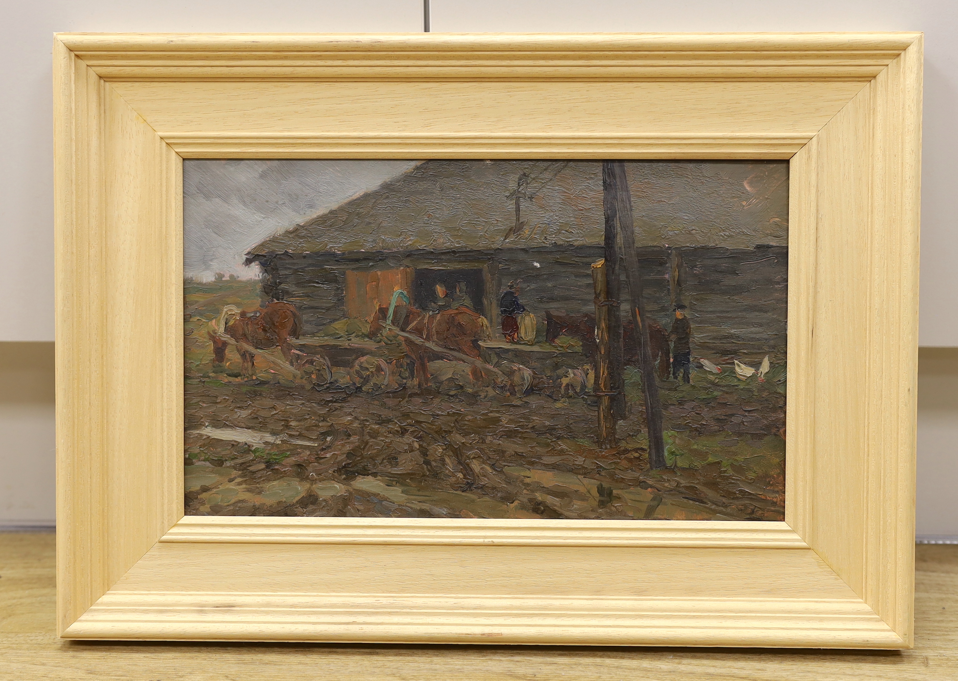 Vladimir Ivanovich Kotov (Russian 1944-1989), oil on board, Carts beside a barn, label verso, 20 x 34cm